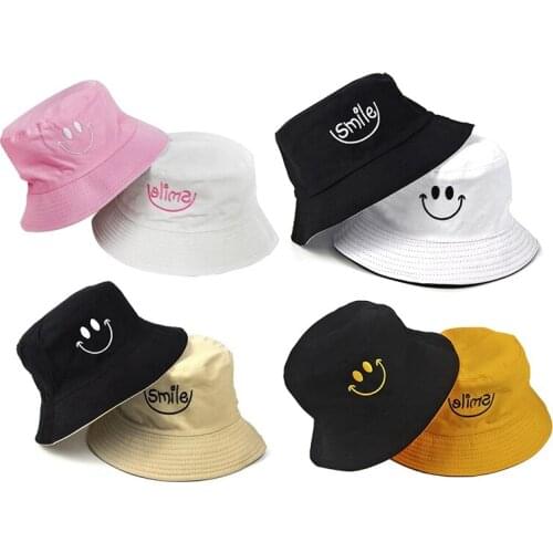 SMILE Bucket Hat Double Sided Bucket Hat Smiling face Unisex Fashion Bob Cap Hip Hop Gorro Men Summer Cap