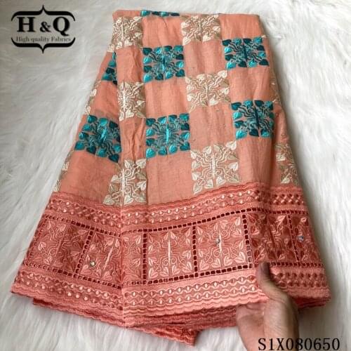 H&Q 100% cotton pink swiss lace fabric with stone 5 yards french voile african dry lace fabric for nigerian women party sewing