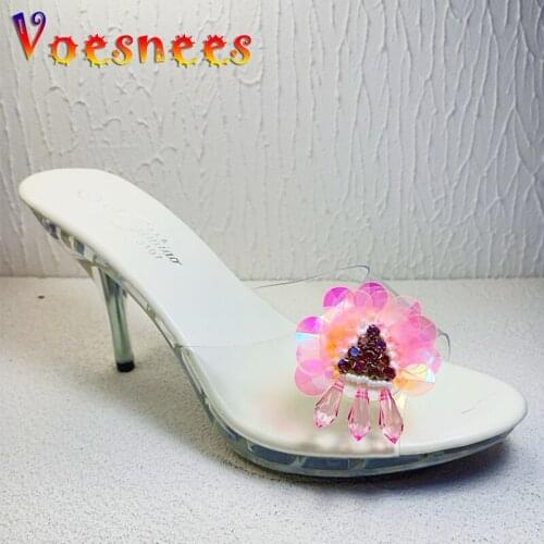 Sandals Women Casual Slippers Sexy Transparent Daily High Heel 9.5cm Shopping Crystal Mid-heeled Large size 35-43 Party Shoes