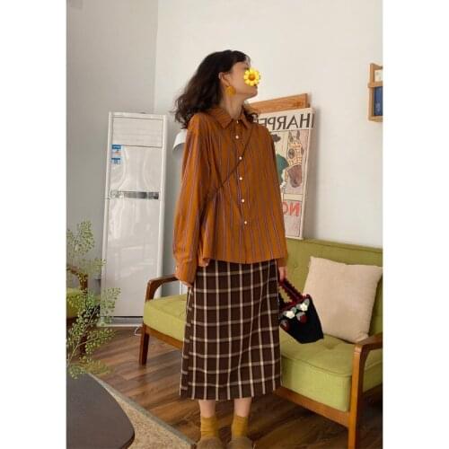 Spring Autumn Women Stripe Blouse Female Plus Size Long Sleeve Shirts Lady Fashion Loose Printing Botton Vintage Stripe Tops