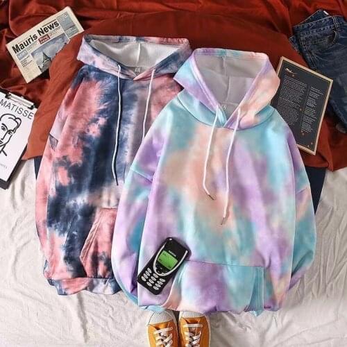 Thin fleece casual tie dyed Hoodie mens and womens Polyester Harajuku hip hop Sweatshirt Japanese street style 2XL 2021