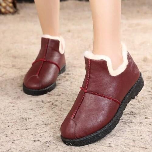 Waterproof Leather Womens Cotton Winter Shoes Plus Velvet Warm Ladies Flat Winter Shoes Casual Non-slip Mother Shoes