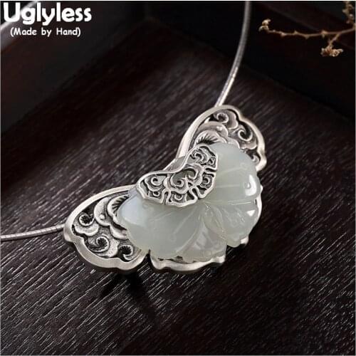 Uglyless Real Solid 925 Sterling Silver Ethnic Hollow Butterfly Brooches for Women Jade Butterflies Pins Dual Use Pendant Bijoux