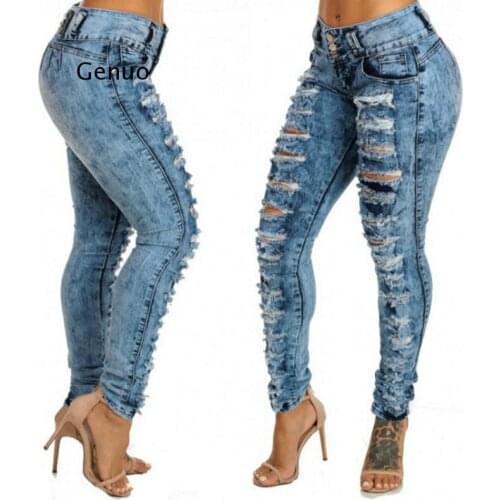 Womens Sexy High Waist Pencil Jeans Casual Blue Ripped Denim Pants Lady Long Skinny Slim Jeans