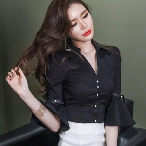 Female Sexy Flare Sleeve Elegant Blouses for Women Spring Summer Slim Bodycon Black OL Office Lady Blouse Tops CYR12