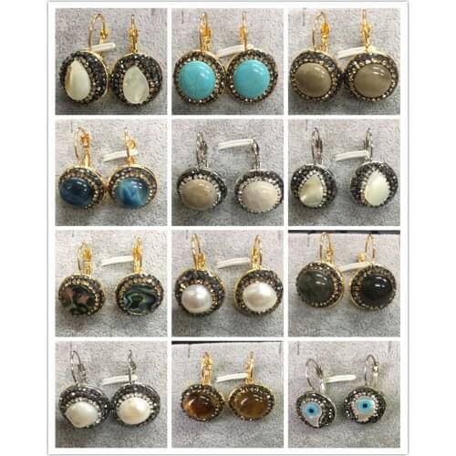 New Designer Jewelry Vintage Dangle Earrings Natural Gem Stone Pearl Shell Inlay Rhinetsone Metal Hook EarDrop Woman Earrings