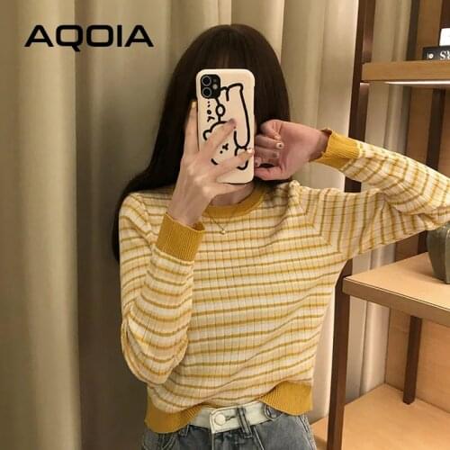 Autumn Korean style Striped Knitted Women Sweater Long Sleeve Slim Short Womens Sweaters 2020 INS Fashion Female Pullovers