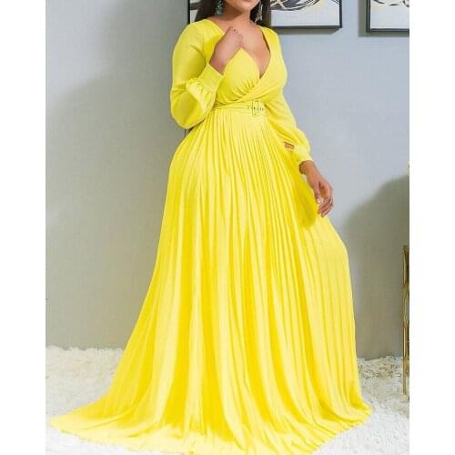 New 2021 Birthday Maxi Dresses for Women Party Pleated Dress Long Sleeve High Waist Elegant Chiffon Vintage Dress