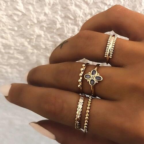 5 Pcs / Set Vintage Boho Style Gold Color Zircon Clover Ring Sets for Women Retro Knuckle Midi Rings Jewelry Wholesale