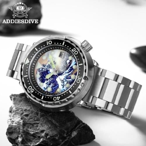 ADDIES Tuna 300m Diver Watch Sapphire Kanagawa Surfing 3D Full Luminous Dial Sapphire Mens Watch NH35 Automatic Mechanical Watch