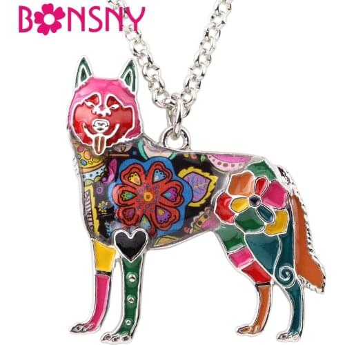 Bonsny Enamel Alloy Happy Siberian Husky Dog Necklace Pendant Chain Choker Animal Jewelry For Women Girls Pet Lovers Gift Bijoux