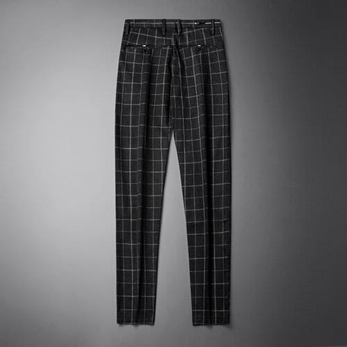 2020 Summer Pencil Pants Casual Smart Slim Fit Stretch Business Formal Trousers Plaid Mens Pants