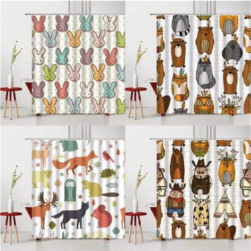 Child Cartoons Printing Pattern Shower Curtain Rabbit Fox Cowboy Squirrel Color Waterproof Polyester Fabric Bathtub Decoration