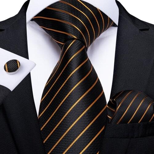 DiBanGu Mens Tie Black Gold Striped Design Fashion Silk Wedding Tie For Men Party Business Tie Hanky Cufflinks Set Dropshipping