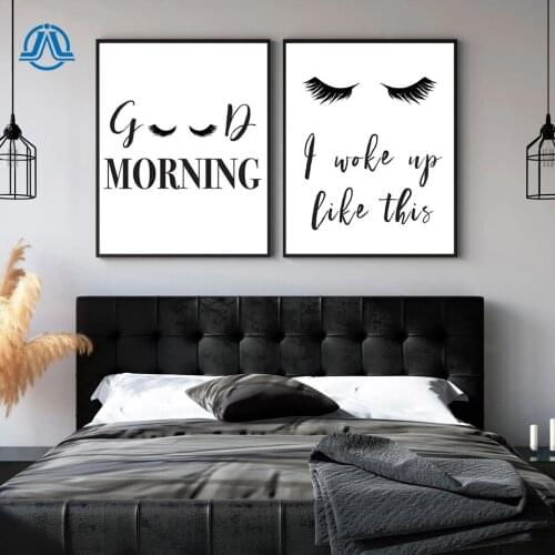 Good Morning I Woke Up Like This Lashes Quote Posters and Prints Fine Art Typography Canvas Painting on the Wall Girl Room Decor