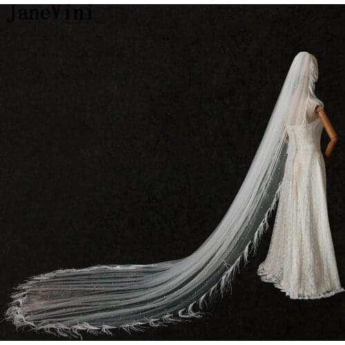 JaneVini 2020 Elegant Cathedral Long Wedding Veils with Comb One Layer Pearls Tulle Bridal Veil Feather Wedding Hair Accessories