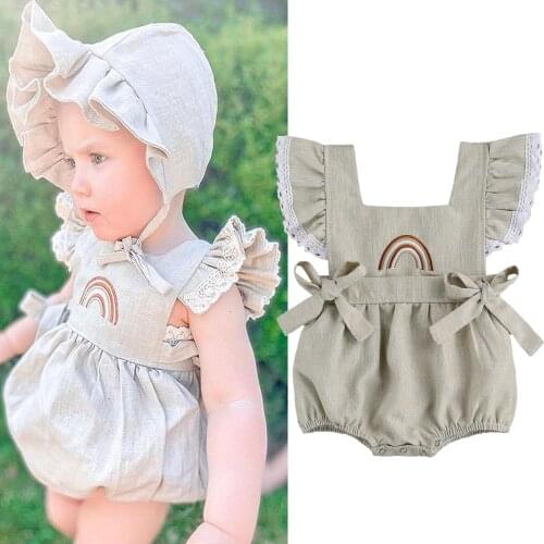 FOCUSNORM 0-24M Newborn Baby Girls Boys Bodysuits Rainbow Print Lace Ruffles Short Sleeve Backless Jumpsuits