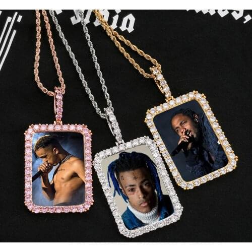 Custom Photo Frame Memory Medallion Men Women Lovers Square Pendants Necklace Zircon Paved Bling Iced Out Hip Hop Rapper Jewelry