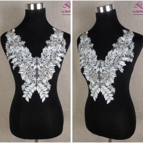 La Belleza Pure white handmade beaded beautiful large piece handmade beading Rhinestone patch wedding dress applique accessories