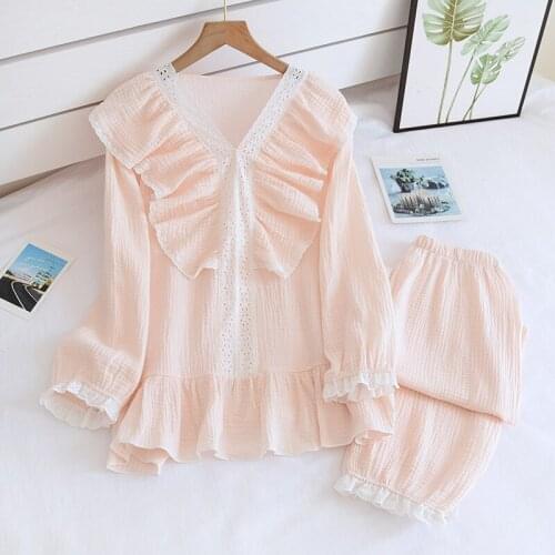 Lace Style Japanese Kawaii Pajamas for Women Spring and Summer Pure Cotton Gauze Long-sleeved Suit Cute Female Home Service