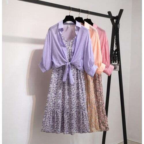 Summer Womens New Temperament Solid Color Sunscreen Clothes Shirt Sling Floral Dress Two-Piece Net Red Careful Machine One Size