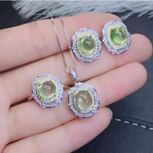 Best Gift Real and Natural Prehnite jewelry set 1pc Prehnite ring 1pc Prehnite pendant 1pair stud earring 925 sterling silver