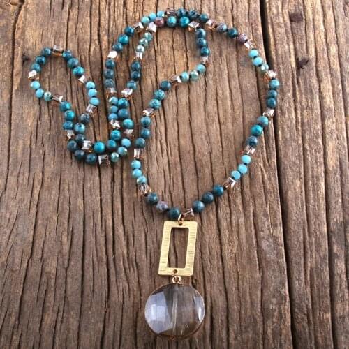 RH Fashion Bohemian Jewelry Natural Stones Glass With Mattgold Rectangle Links Crystal Pendant Necklaces For Women Boho Gift