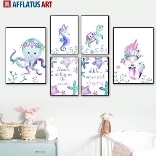 Cartoon Octopus Seahorse Turtle Mermaid Nordic Posters And Prints Wall Art Canvas Painting Wall Pictures Baby Kids Room Decor