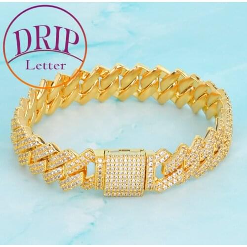 14mm Square Thick Cuban Link Bracelet Gold Color Cubic Zirconia Hip Hop Iced Out Style Mens Rock Jewelry