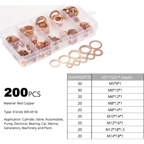 200PCS M5-M14 Copper Washers Gasket Set Flat Ring Seal Assortment Kit with Box 9 Sizes for Hardware Accessories