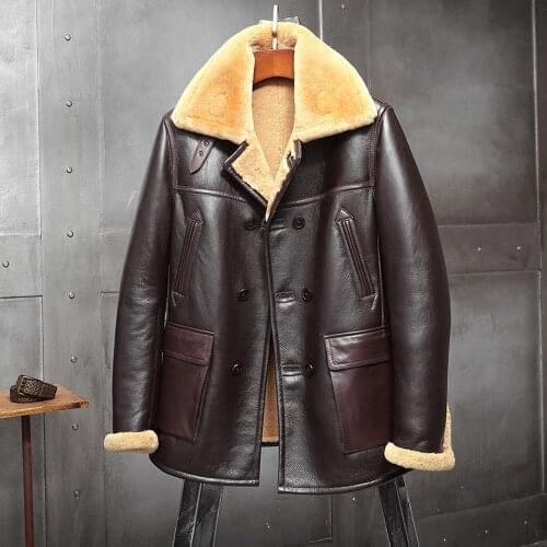 2019 New Mens B3 Brown Shearling Jacket Sheepskin Coat Long Leather Jacket Fur Coat Thick Mens Winter Coats
