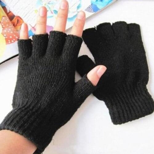 Black Short Half Finger Fingerless Wool Knit Wrist Glove Winter Warm Workout For Women And Men