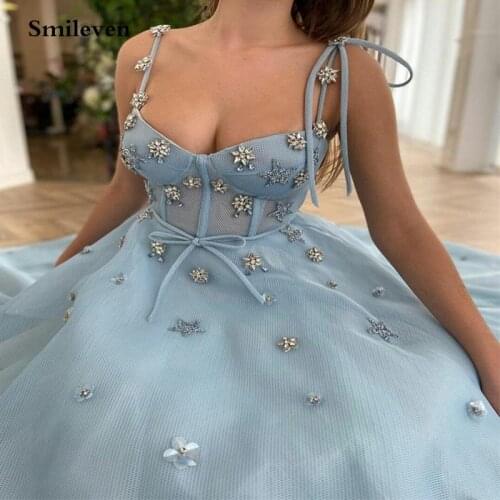 Smileven chic Light Sky Blue Prom Dresses Puff Sleeves A-Line Short Evening Dresses Starry Tulle Ankle Length Party Dress