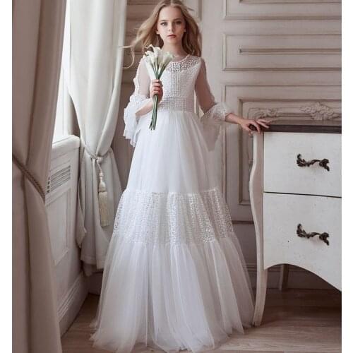 Long Sleeve Chic Flower Girl Dresses For Wedding Lace A Line Kids Pageant Gowns Floor Length First Communion Dress