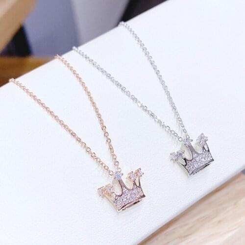 Showfay New Zircon Personalized Golden Crown Pendant Necklaces Titanium Steel Jewelry for Women Party Girls Gift Banquet