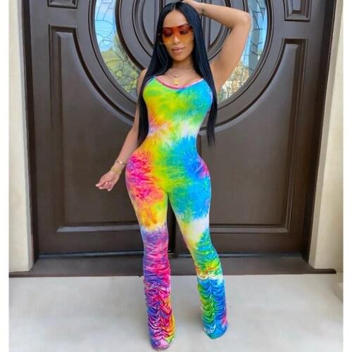 Tie Dye Sexy Rompers Womens Jumpsuit Summer Elegant Party Bandage Bodycon Jumpsuit Romper Ruched Long Jumpsuit Women Clothes