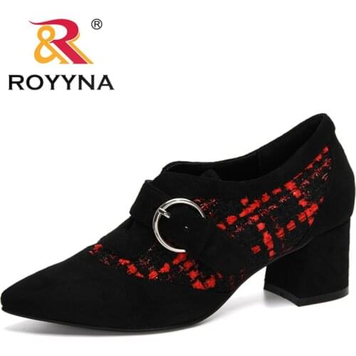 ROYYNA 2020 New Arrival Chunky Heel Single Shoes Woman Pumps High Heels Pointed Toe Slip On Ladies Buckle Wedding Shoes Women