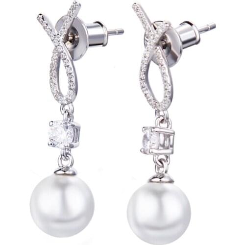 TUNGSTE Elegant Bow Knot Earrings Real 925 Silver Dazzling Round Shell Pearl Zircon Wedding Earrings Accessories For Women