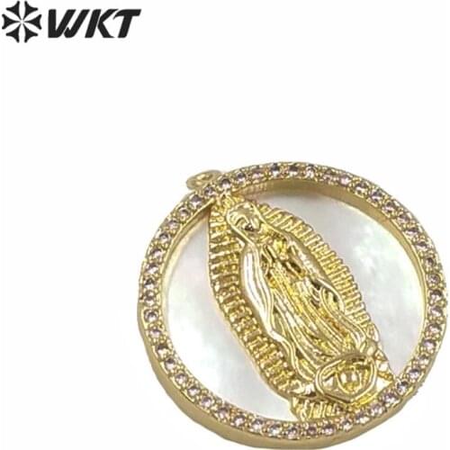 WT-MP144 WKT New small size white MOP shell virgin mary religious pendant hot gold electroplated round coin mary pendant