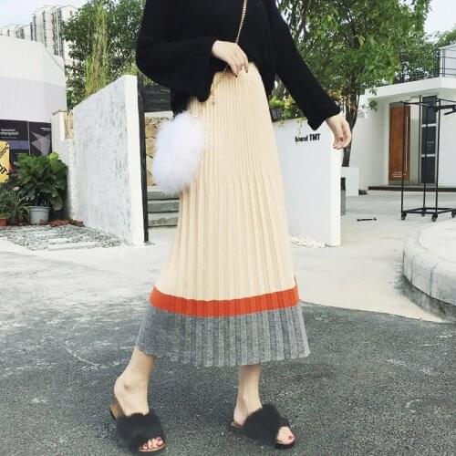 Autumn Winter Women Midi-Calf Knitting Elastic Waist Casual Skirts Girls High Waist A-Line Elegant Pleated Skirt DS291