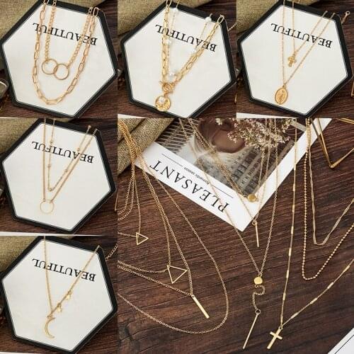 Womens neck Chain Multilayer Retro Portrait Coin Necklaces for women Cross Pendant Gold Chain Necklace 2021 Trend Party Jewelry