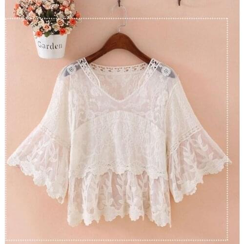 Trumpet Sleeve Mesh T-shirt Women 2021 Fashion New Loose Lace Temperament Casual Ladies Western Style Top