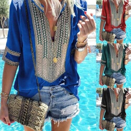 Women Boho Stripe V-Neck Short Sleeve Casual Blouse Tops for Summer -OPK