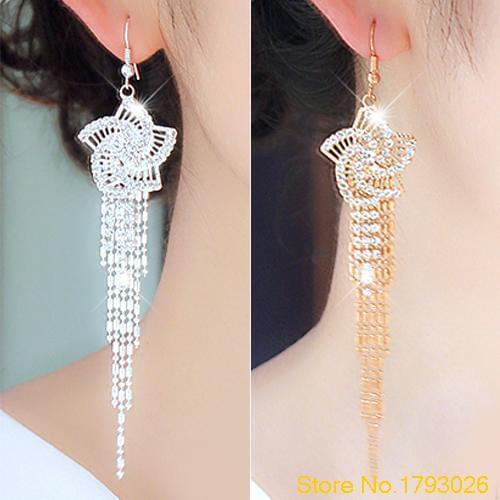 Womens Trendy Rhinestone Alloy Flower Long Tassels Cocktail Dangle Earrings 4TX9