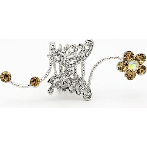 Fashion Women Crystal Butterfly Spring Ring Imitation-Pearl Bridal Jewelry Finger Ring Rhinestone Flower Anel Wedding Party Ring