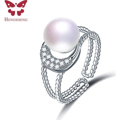 Moon Double Circle Genuine Natural Pearl Ring, 925 Sterling Silver Rings for Women Wedding Ring Wedding Rings Silver 925 Jewelry