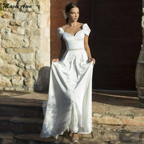 Magic Awn Simple Satin Wedding Dresses Cap Sleeve Beaded Sash Boho A-Line Mariage Gowns Cheap Customized Abito Da Sposa 2021