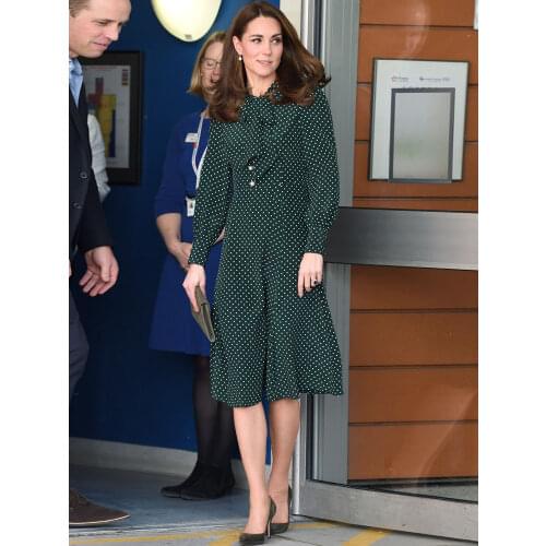 Kate Middleton Spring Autumn Women High Quality Vintage Elegant Chic Patchwork Dot Party Casual Office Green Long Sleeve Dress