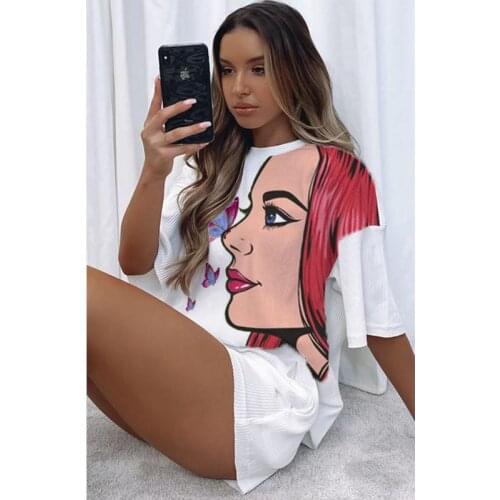 White Cartoon Pretty Girl Print Casual Suit Fashion Women Two-piece Suit Short Sleeve and Wide Legged Pants Sweet Kawaii Clothes