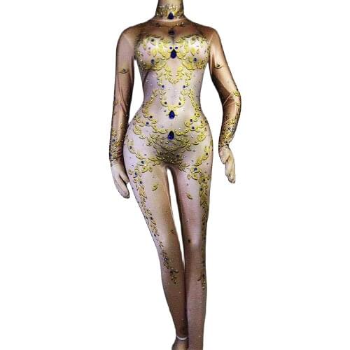 Sparkling Rhinestones Leaves Pattern Printing Tights Jumpsuit Backless Leotard Ladies Nightclub Performance Dance Costume